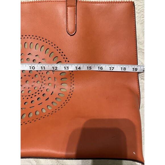 Neiman Marcus Boho Western Orange Tote Bag Laser Cut Medallion Handbag - Picture 14 of 15